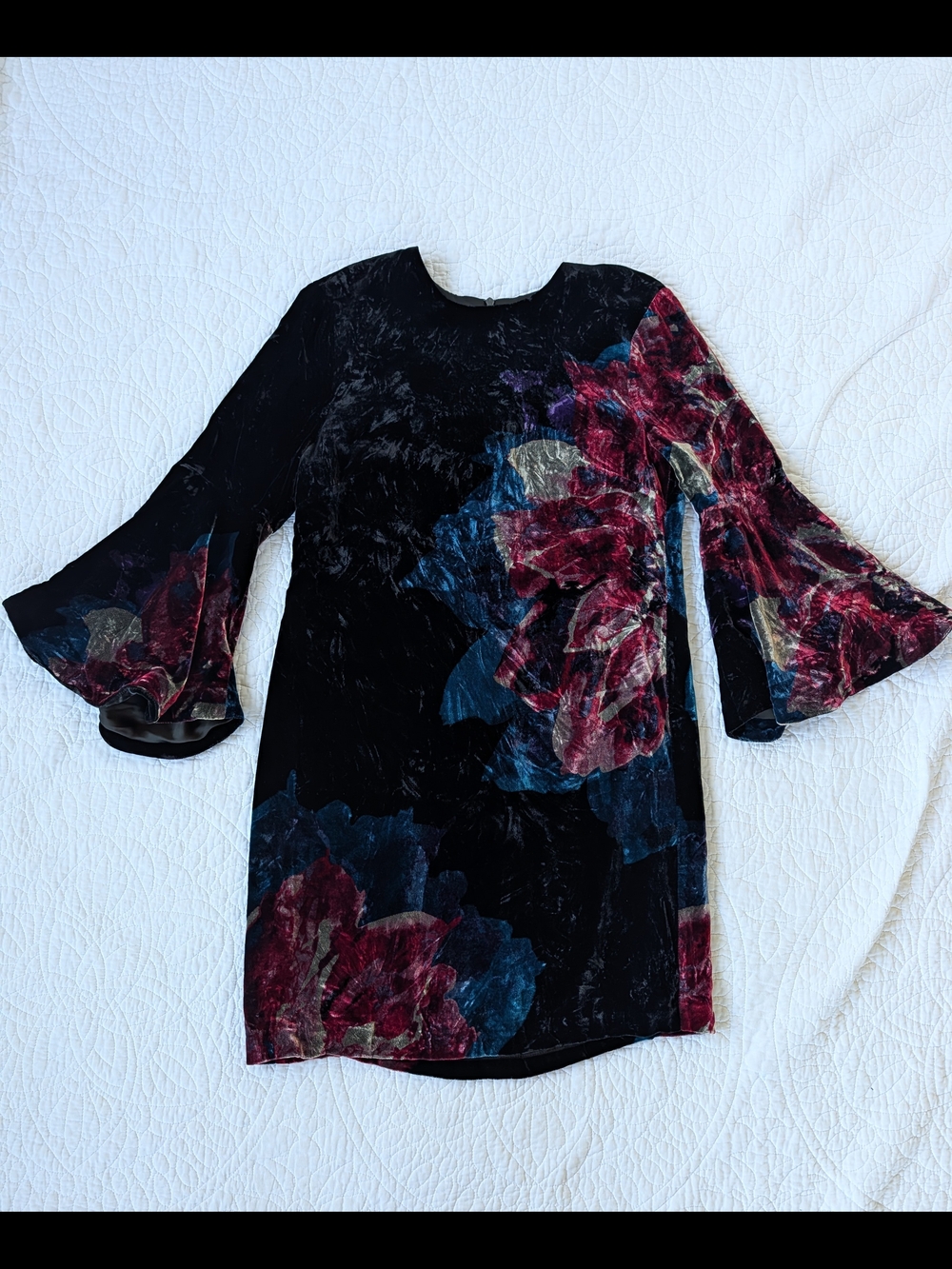 Trina Turk Black Velvet Floral Bell-Sleeve Dress with Red and Blue Accents